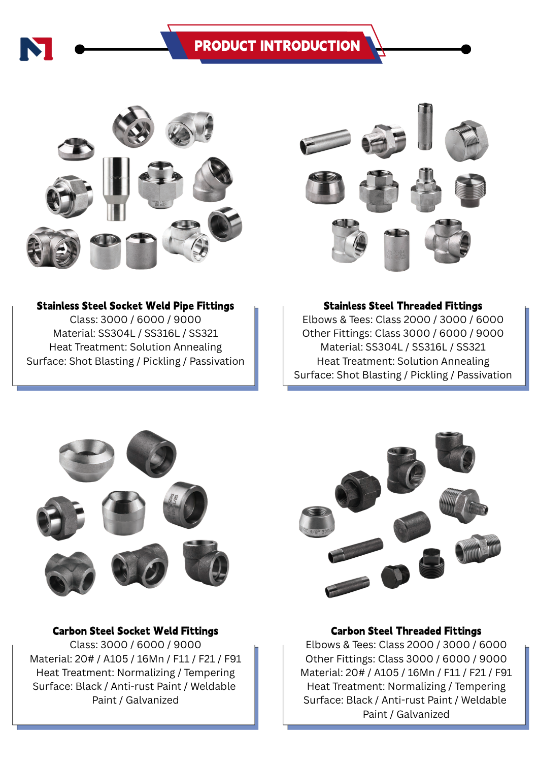 Stainless Steel Socket Weld Pipe Fittings Class 3000 6000 9000 Material SS304L SS316L SS321 Heat Treatment Solution Annealing Surface Shot Blasting Pickling Passivation